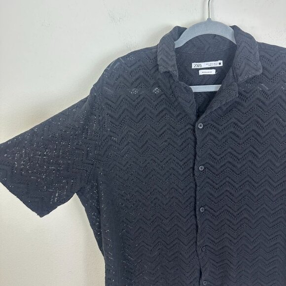 Zara Man Relaxed Fit Button Up M Open Knit Chevron Print Lightweight Summer - Picture 3 of 6